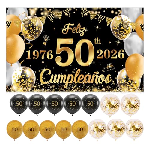 1 15 Decoración Para Cumpleaños 50 Escrita En Español 1 Pancarta Feliz Cumpleños 50 Decoración 50 Años Negro Oro Happy Bithday Fondo Cartel Con15 Globos Para Cumpleaños Adornos Kit Para Cumpleaños