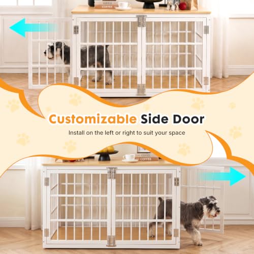 Image of NEWBULIG 38 Inch Dog Crate Furniture for Small Dogs, Space Saving Pet House End Table with Double Lock Door, Heavy Duty Indoor Kennel for Living Room, White & Wood