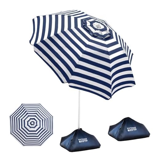 OutdoorMaster Beach Umbrella with Sand Bag - 6.5ft Beach Umbrella with Sand Anchor, UPF 50+ PU Coating with Carry Bag for Patio and Outdoor - Navy Striped