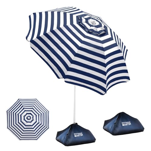 Image of OutdoorMaster Beach Umbrellas for Sand with Sandbag & Anchor, 6.5ft Adjustable Umbrella for Beach Heavy Duty Wind, Portable UPF50+ Sunshade with Carry Bag for Patio, Navy Striped