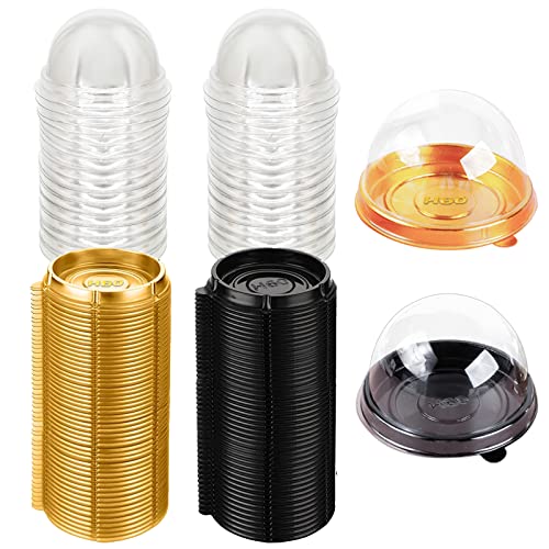 100 Stück transparente Kunststoff-Mini-Cupcake-Box, runde Cupcake-Mondkuchen-Dessert-Box, Kekse, Muffins, Kuppel-Box für Hochzeiten, Geburtstage und Geschenkbox (Gold + Schwarz/100 Stück) Cover