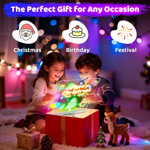 Image of Geokay 16 inch Rechargeable LED Drawing Board, 9-Color Light Modes with Timer & Built-in Stand, Neon Glow Up Dry Erase Doodle Note Pad, Sketching Gift Toy for Kids /Girls /Teens, 6 Markers & Tracing Book
