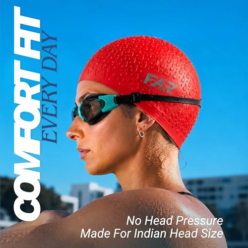 Image of Swimming Cap for Men, Women & Kids 6-14 Boys Girls |100% Silicone Swim Cap for Long Hair| Indian Head Size Cap Comfort (Red Sun, Embossed)