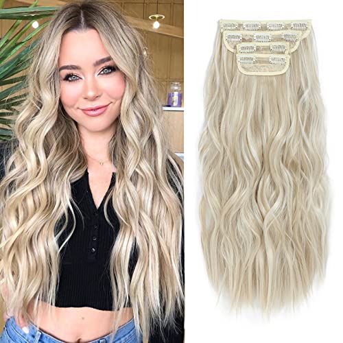 Fentisar Clip In Hair Extensions 4Pcs Clip In Long Soft Waves Hair Extensions 20Inch Synthetic Fiber Double Weft Thick Hairpieces For Women - Light Brown Mix Platinum Blonde #TOP7