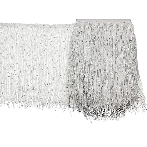 Yalulu 5 Yards Lot 7 Inch Encryption Sequins Lace Tassel Fringe Trim Trimming DIY Latin Dress Stage Clothes Accessories Lace Ribbon (White)