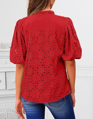 BETTE BOUTIK Women's Long Short Sleeve Tops 2025 Dressy Casual Button Hollow Out Lace Embroidered Blouses Shirts