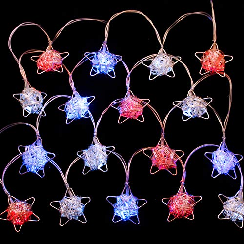 July 4Th / Independence Day String Lights Decorations, Handicraft Iron Wire Rattan American Stars, 10Ft. 20 Leds, Patriotism The Old Glory Usa Theme Color, Dual-Powered, 8 Flicker Mode Dimmable Remote #TOP6