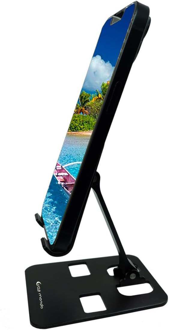 Soporte para teléfono: liviano, plegable y duradero con dos bisagras ajustables. Negro