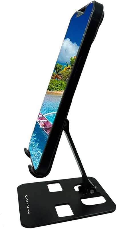 Soporte para teléfono: liviano, plegable y duradero con dos bisagras ajustables. Negro