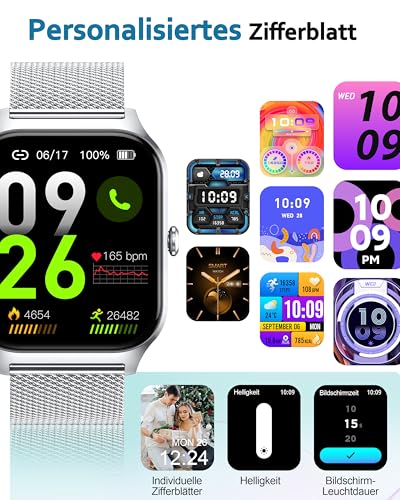 Popglory Smartwatch mit Telefonfunktion Herren Damen, 1,85 HD-Bildschirm Fitnessuhr, Blutdruckmessung Herzfrequenz SpO2 Druck Schlaf Menstruation, 100 + Sportmodi, Weltuhr Rechner Wetter, Android iOS