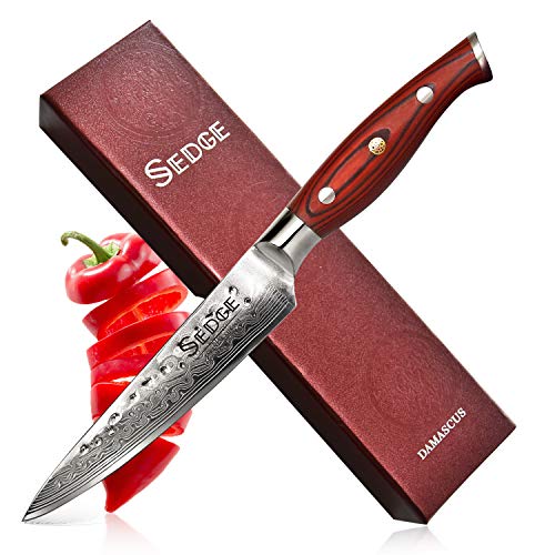 SEDGE Utility Knife for Ktichen - Japanese Damascus AUS-10V High Carbon Steel - Hammered Finish - With Non-Slip Full-tang Ergonomic G10 Handle - SD-H Series - 5