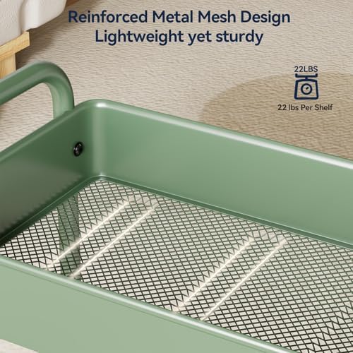 YASONIC 3-Tier Rolling Cart, Green, 66 Pounds Capacity, Mesh Storage Organizer with Lockable Wheels, 3 Hanging Cups, 4 Hooks, Easy Assembly, for Kitchen, Bathroom, Laundry, Grocery