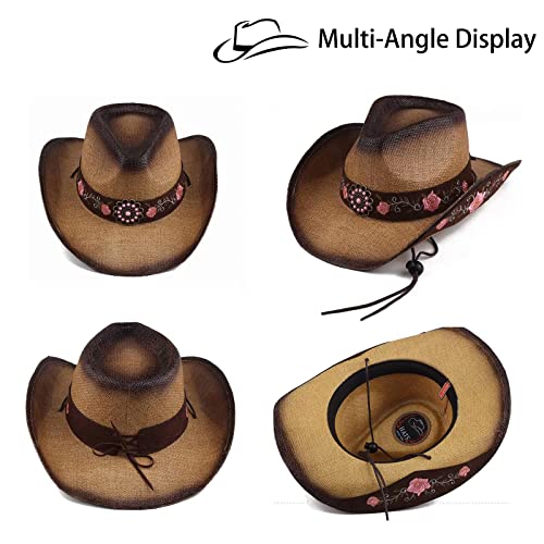 Image of Cowboy Hats for Women, Brown Cowgirl Hats Classic Straw Western Hats for Women Music Festival Party Beach.