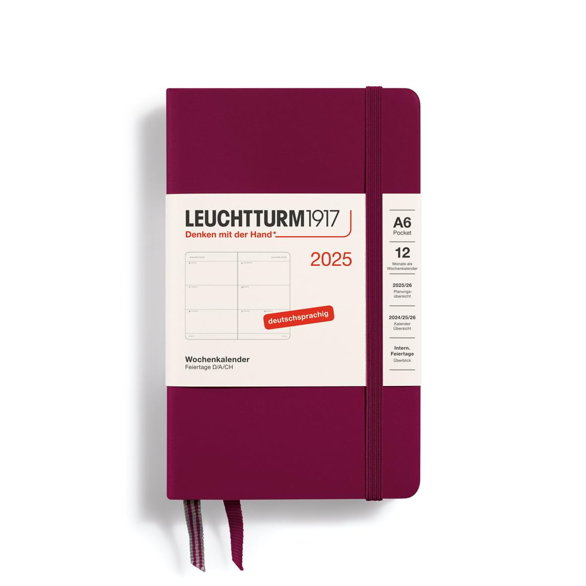 LEUCHTTURM1917 370551 Weekly Planner 2025, Pocket A6 Hardcover - 12-Month Planner, 80 g, Lined - Port Red