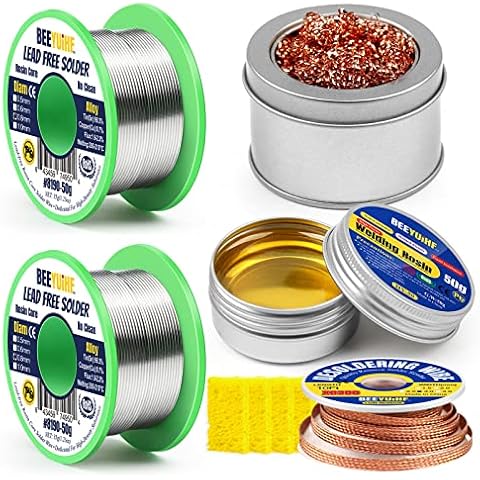 BEEYUIHF Bleifreier Lötdraht Sn99.3 Cu0.7 (0.8mm 50g) + Kolophonium Flussmittelpaste (1.76oz/50g) + Lötschwamm Reinigung (50x35x5mm) + Lötspitzenreiniger Cover