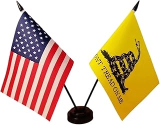 America & Gadsden Twin Desk Flag, US Gadsden Table Flags, US Don't Tread On Me Desk Flag, 8 x 5 Inches Miniature USA & Gadsden Stick Flag with Flag Stand