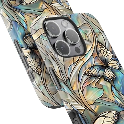 Image of Goodon for iPhone 16 Pro Max Case Cute - Wireless Charging Compatible - Dual-Layer Hard Shell + Silicone Cover - Protective Phone Case with Trendy Designs for Women - Butterflies Blue Gold