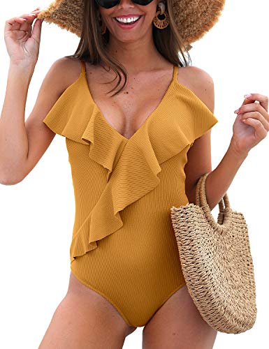 Blooming Jelly Womens Ruffle One Piece Swimsuits Sexy V Neck Flounce Monokini Bathing Suit Yellow