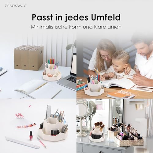 ESSOSWAY Schreibtisch Organizer - 360° Drehbar - Stiftehalter - 9 Sortierfächer - Büro Home Office Schule Zubehör - Weiß