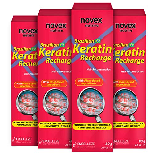 Novex Brazilian Keratin Recharge Tube Leave In Conditioner - Reconstructive Keratin - keratin conditioner for Frizz control & Damage Repair - keratin hair treatment (Pack of 4)