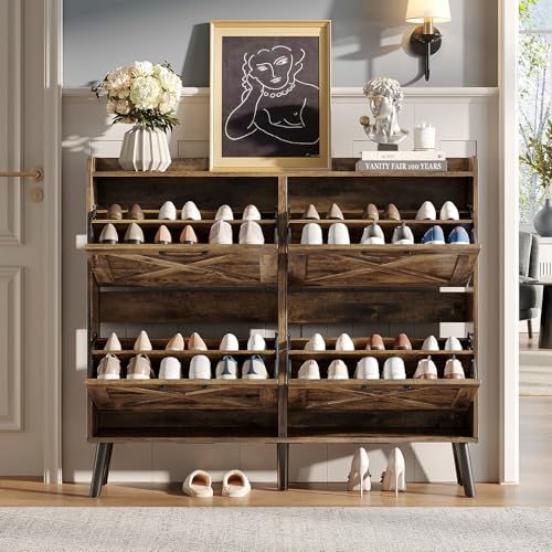 Image of Maupvit Large Shoe Storage Cabinet with 4 Flip Drawers, Narrow Shoe Cabinet for Entryway with Wooden Legs, Freestanding Hidden Shoe Rack Organizer & Metal Hinges, Rustic Brown