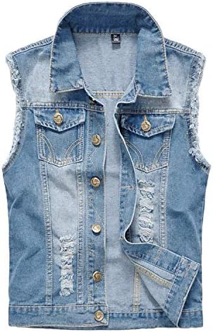 Pishon Men's Sleeveless Denim Vest Casual Slim Fit Ripped Classic Button Down Jean Jacket,Light Blue,Medium