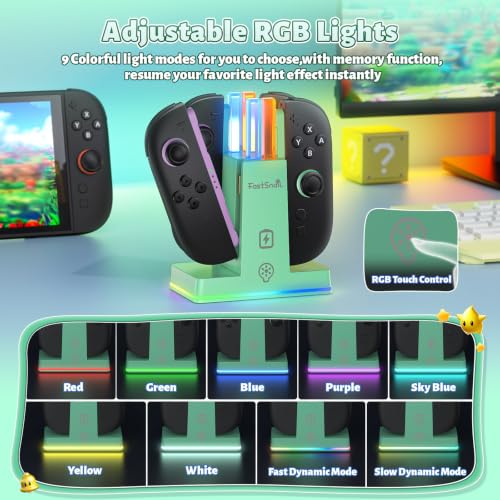 Image of FASTSNAIL Switch 2 Controller Charger Dock for Nintendo Switch 2 for JoyCon | 4-in-1 Fast Switch 2 Joypad Charging Dock Station, 9 RGB Light, Dual-Direction Magnetic Stand for Joycon 2 Accessories, Green