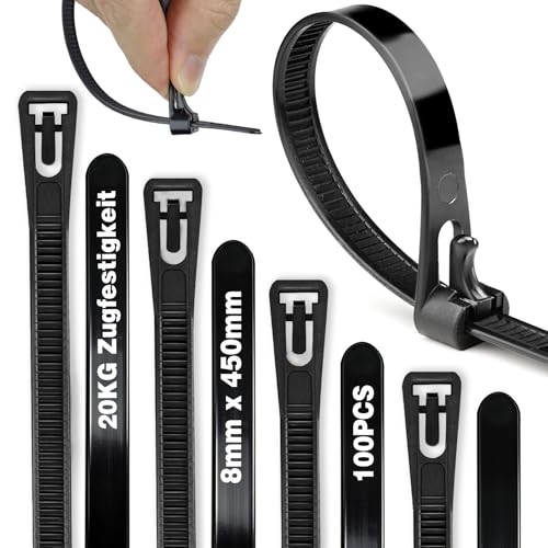 Kabelbinder Schwarz Wiederverschließbar UV Beständig Zip Ties100 Stück 450mmx8mm Wiederverwendbare Kabelbinder Lang für Werkstatt Cable ManagementElektroinstallation Gartenarbeit Wohnen