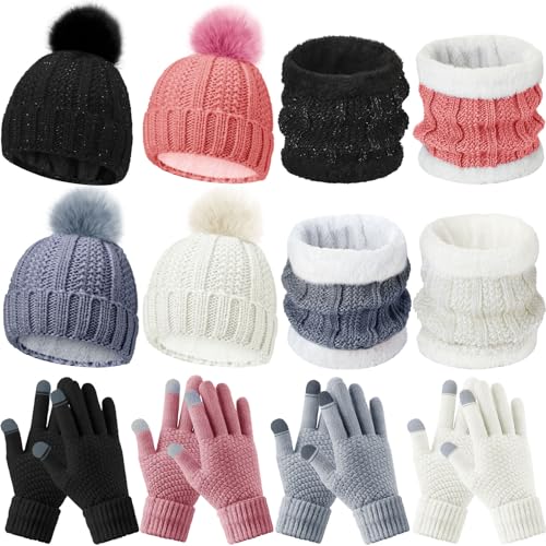 12 Pcs Winter Beanie Hat Scarf Touchscreen Gloves Set Fleece Lined Knit Beanie Hat Neck Warmer Scarf for Men Women