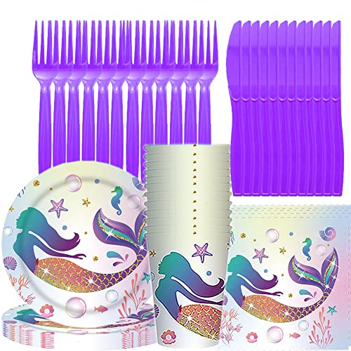 68PCS Ensemble de Fête de Sirène, Sirène Ensemble Vaisselle de fête,Kit de décorations d'anniversaire de Sirène,Assiette Dîner Tasse Serviette Papier Goblets en Papier Fête Anniversaire Kit,12 Invités Cover