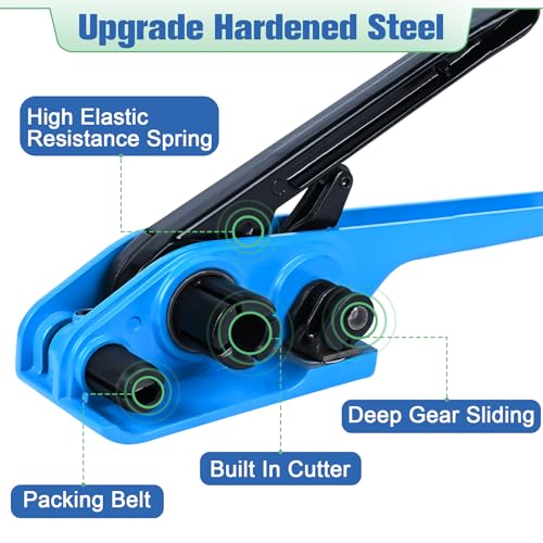 Image of MYFAMIREA Banding Packaging Pallet Strapping Kit Poly Strapping Tensioner Tool, Banding Sealer Tool, 1772 FT Banding, 400 Metal Seals Seals, 200 Packaging Corner, 200 Perforated Wrapping Corner (Blue)