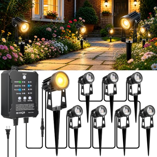 All-in-One Low Voltage Landscape Lighting Kit, 8-Pack LED Landscape Lights with Smart Transformer, 70FT Pre-Wired Cable, IP65 Waterproof Outdoor Spotlights, 3000K Warm White for Yard Garden Pathway