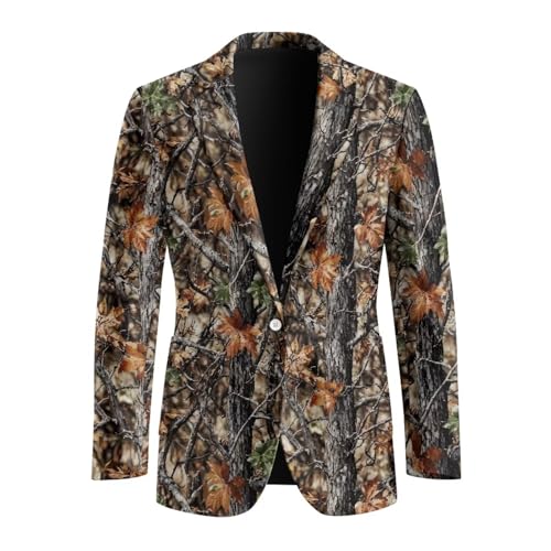 Pwnixequ Men's Casual Sport Coat with Pockets Camo Hunting Printed Blazer Lined Breathable Notch Lapel Dating Suit Jacket for Husband Gift Soft Fabric Travel Meeting Suit Jacket