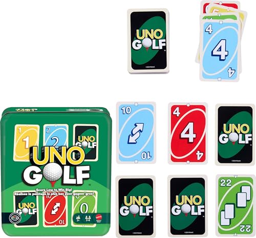 Image of Mattel Games UNO Golf Card Game with Storage Tin | Score Low to Win Big for Kids, Teens & Family Game Night, Ages 7+, 2-10 Players (Amazon Exclusive)