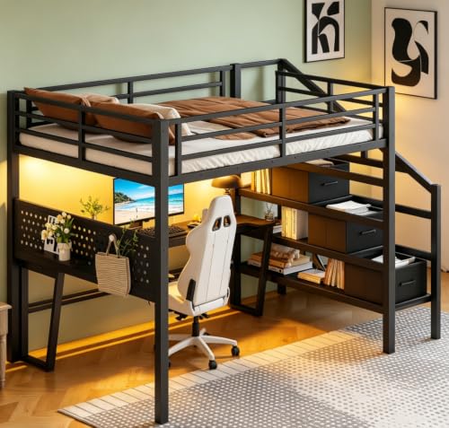 Image of Bellemave Full loft Bed with Movable Desk and Storage Stairs, Shelves, Metal Loft Beds with LED Lights, USB Ports, Multifunctional Iron Nets for Adults, Kids, Teens, Black