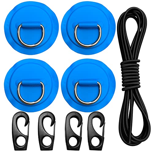 Stainless Steel D Ring Patch Kit with 12 FT Elastic Bungee Shock Cord for Inflatable Boat Kayak Dinghy SUP, D-Ring PVC Patch Stand-Up Paddleboard Pad Accessories, NO Glue Included