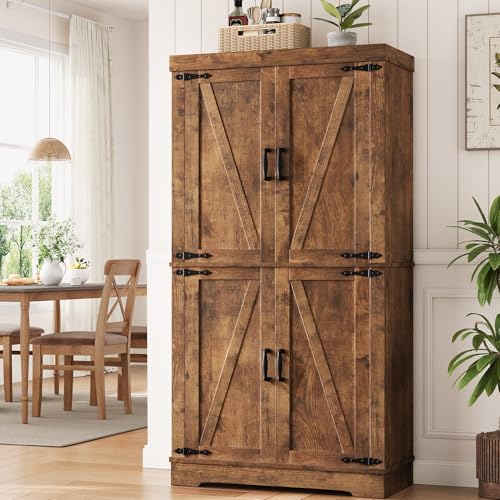 Comparison: Best Wood For Pantry Shelves 4 Jocoevol Pantry Cabinet, 68'' Kitchen Pantry Storage Cabinet with 4 Doors and Adjustable Shelves, Farmhouse Tall Food Large Wood Pantry Storage Furniture for Kitchen Dining Room, Brown