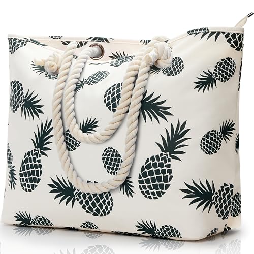 KALIDI Große Strandtasche mit Reißverschluss Wasserdicht Badetasche Strandtasche XXL Familie Beach Tote Bag mit Reißverschluss Große Shopper Damen Sporttasche Schultertasche, Ananas