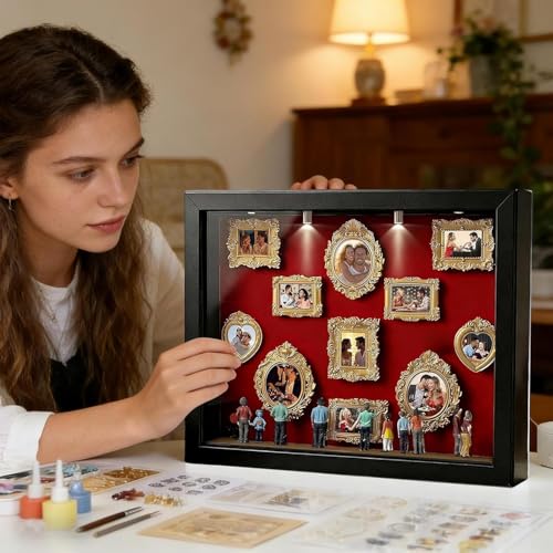 DIY Mini Museum Bilderrahmen, DIY Mini Museum Silhouette Box, Fotospeicher Bilderrahmens mit LED Licht, mit 8 Mini Goldene Rahmen & 8 Figuren, für Jahrestag, Hochzeit, Heimdekoration
