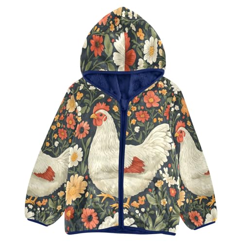Floral Cute Hen Pattern Toddler Fleece Jacket Girl Boys Hooded Fleece Jacket Coat Warm Outwear Zip-up 3-10T