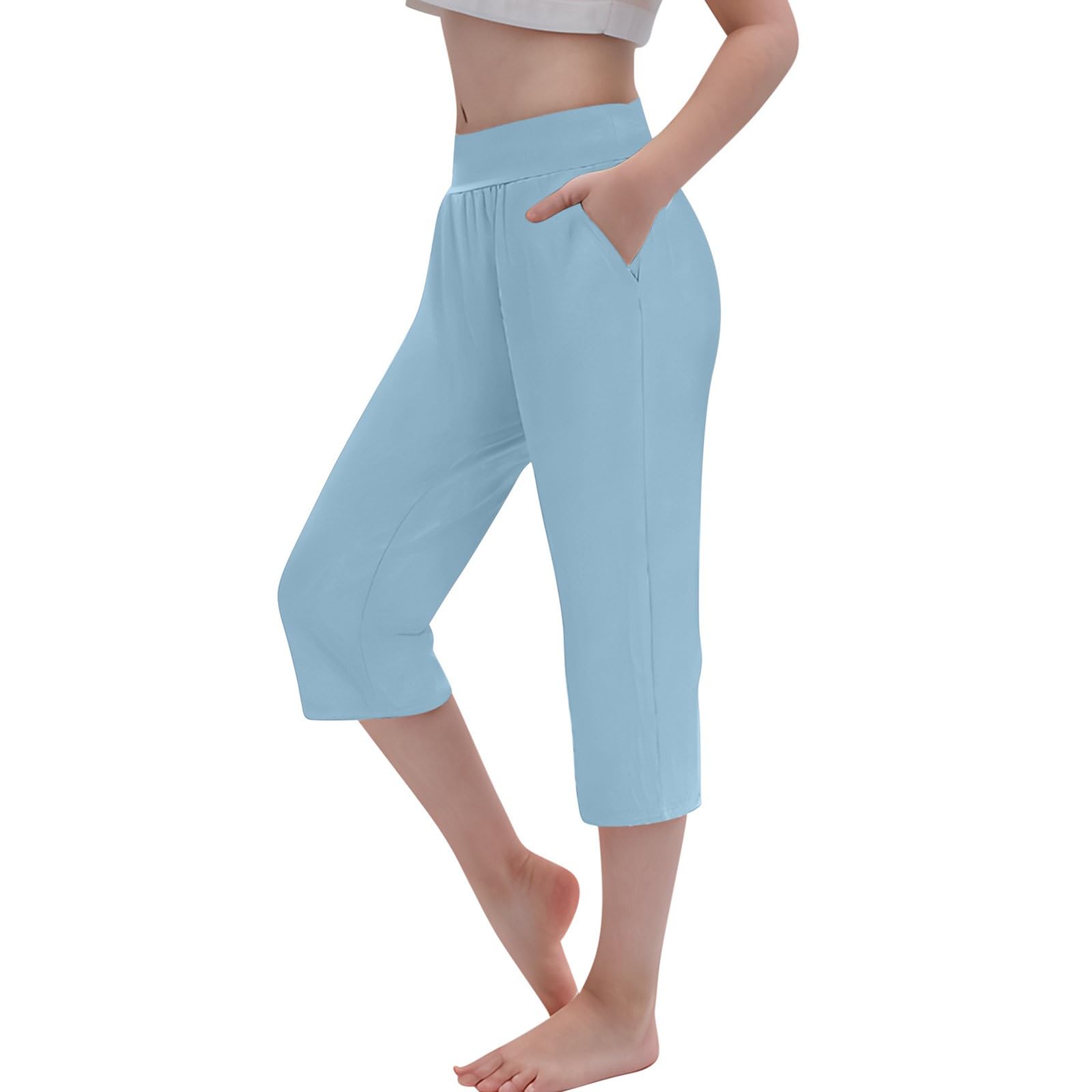 Girls Capri Pants Stretchy High Waisted Summer Leggings Yoga Dance Tights Kids Solid (Light Blue, 4-5 Years)