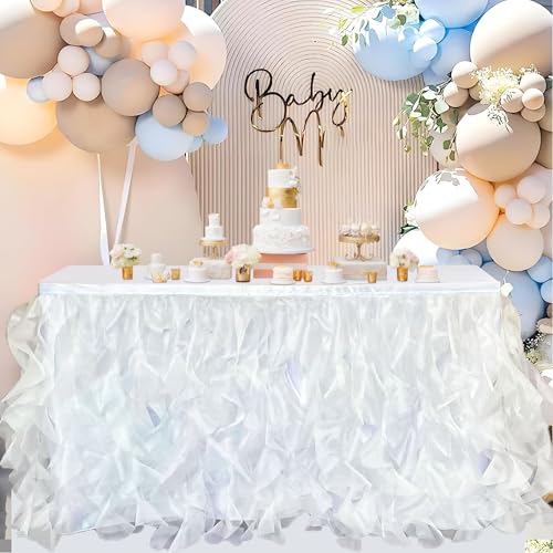 Image of Luxury Organza Mesh Table Skirt Draping Floating Romance - Perfect for Bridal Showers, Birthday Weddings - Clear Flowing Decoration for a Wonderful Main Cake Table (White-6ft, 72 inch Lx30 inch H)