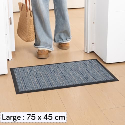 Image of HOKIPO Welcome Door Mat for Home - Big Size Rubber Back Entrance Mat, 75x45 cm, Blue Stripes (AR-6504)