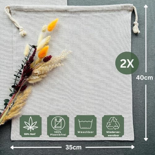 Foto von Zabiko24 - Brotbeutel 2er Set - aus 100% Natur Hanf - Zur Aufbewahrung von Brot, Obst und vielen weiteren Lebensmitteln (35 x 40 cm) - Brotsack Schutz gegen Schimmel und Bakterien - Gratis-Brotrezept