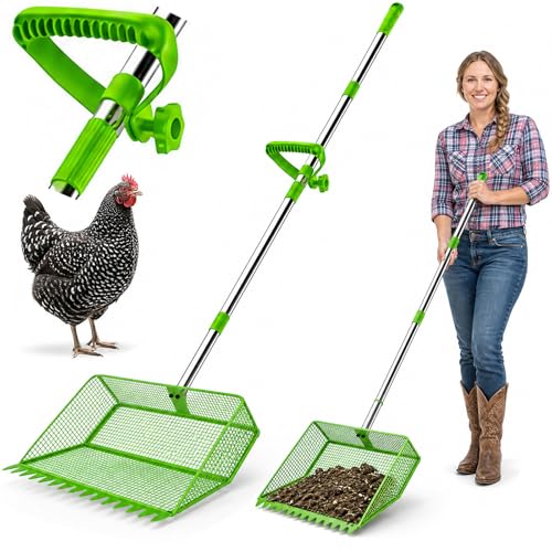 2026 Upgraded 2-in-1 Chicken Poop Scooper & Rake with Handle 12inch Heavy-Duty Metal Chicken Coop Scoop for Sand Sifting Shovel Litter Scooper for Farm House Chicken Coop Cleaning Tools Accessories