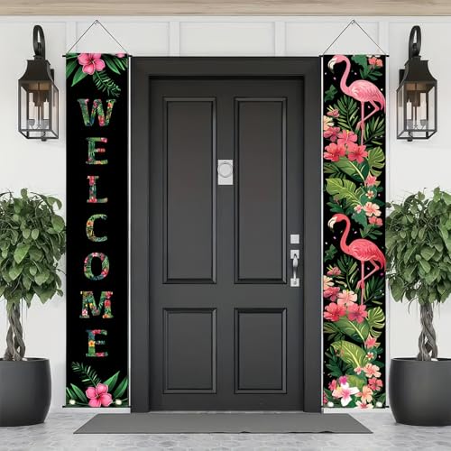Image of BlissYard 2pcs Black Pink Flamingo Door Banner Summer Hawaiian Porch Banners Sign Sunshine Hibiscus Floral Front Door Hanging Decor Banner for Seasonal Home Hawaii Tropical Party Outdoor Decorations