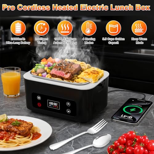Image of Heated Lunch Box,Electric Lunch Box, Lunch Box Battery Powered, Pro 24000mah,5.5 Cups Portable Food Heater-3D-5 Side Heating-Intelligent Temperature Control,Suitable For Trucks,Offices (Black /White)