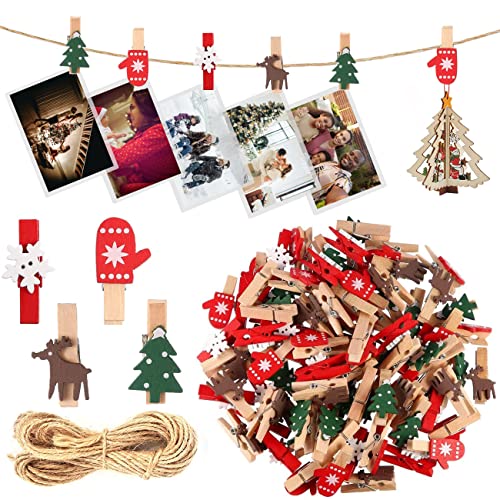 100 Pièces Clips en Bois de Noël,Clip en Bois de Décoration de Noël,Craft Clip en Bois Noël,Arbre de Noël Pinces en Bois,Mini Pince en Bois Photo Clip de Noël,DIY Photo Pegs Cover