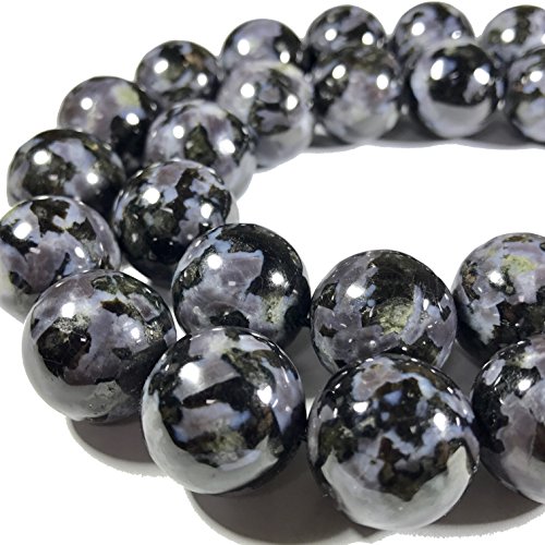 [ABCgems] Madagascan Indigo Gabbro AKA Mystic Merlinite (Black Tourmaline in Feldspar) 8mm Smooth Round Natural Semi-Precious Gemstone Healing Energy Beads