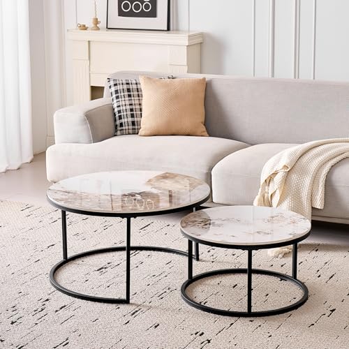 DEYARNA HOME Juego de 2 Mesa de Centro Redonda -Tablero de Cerámica Técnica (no MDF), Mesas Auxiliares con Patas de Metal para Salón, Dormitorio, Balcón (Pandora+Negro), 50+70cm